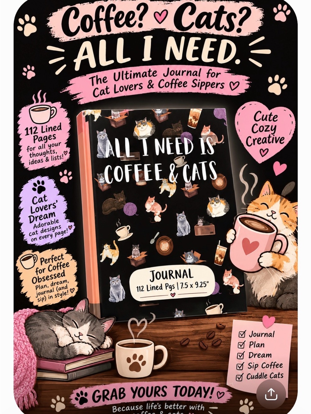 All I Need Is Coffee & Cats Journal - Pink & Black